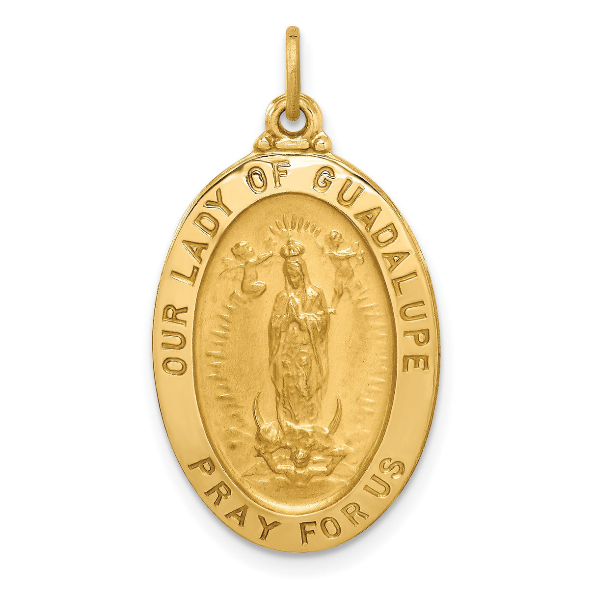 14k Yellow Gold Guadalupe Oval Pendant with Pray for Us Inscription Religious Medal