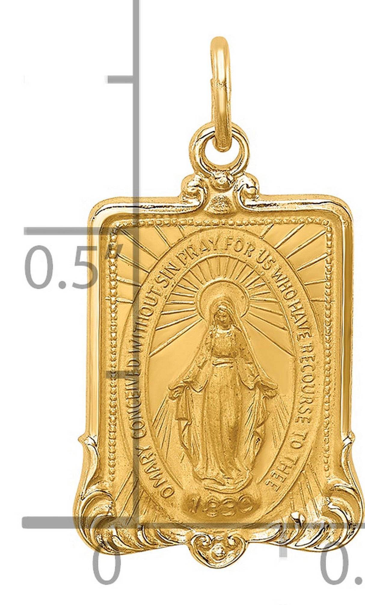 14k Yellow Gold Miraculous Medal Pendant with Virgin Mary and Pray for Us Inscription