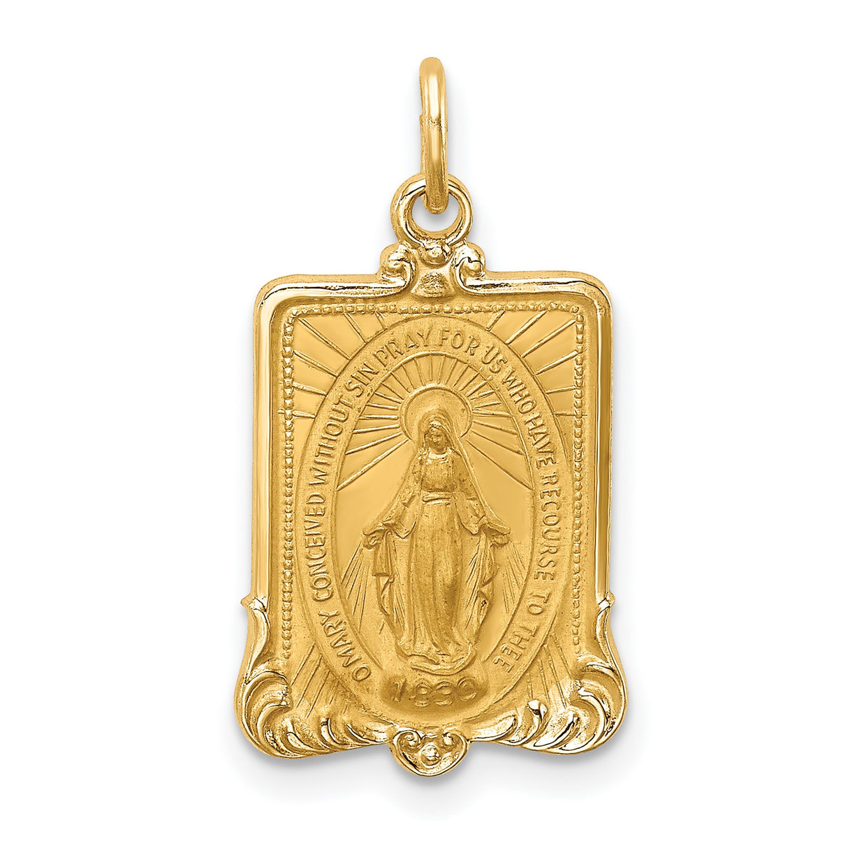 14k Yellow Gold Miraculous Medal Pendant with Virgin Mary and Pray for Us Inscription