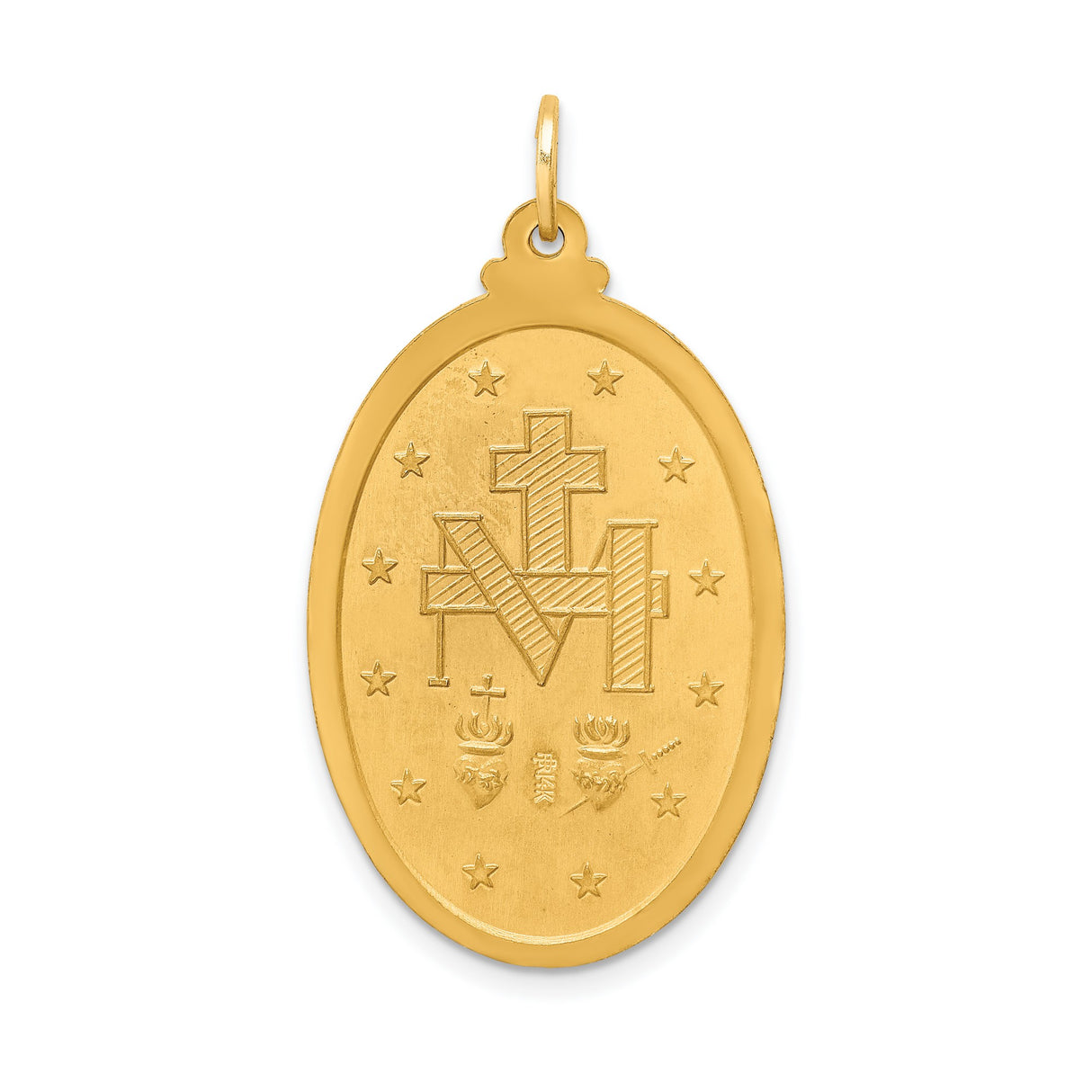 14k Yellow Gold Virgin Mary Miraculous Medal Pendant, Catholic Oval Medallion with Prayer