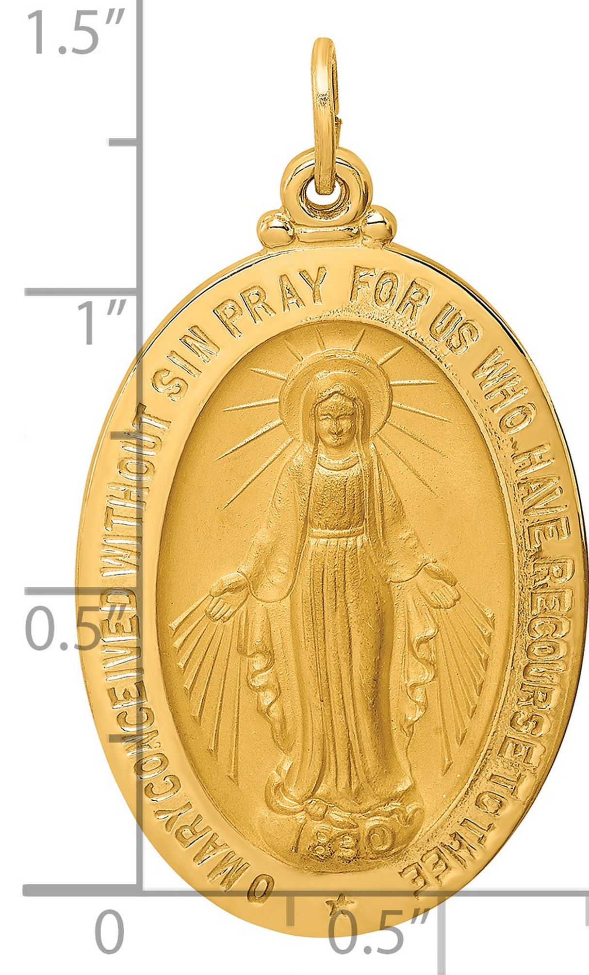 14k Yellow Gold Virgin Mary Miraculous Medal Pendant, Catholic Oval Medallion with Prayer