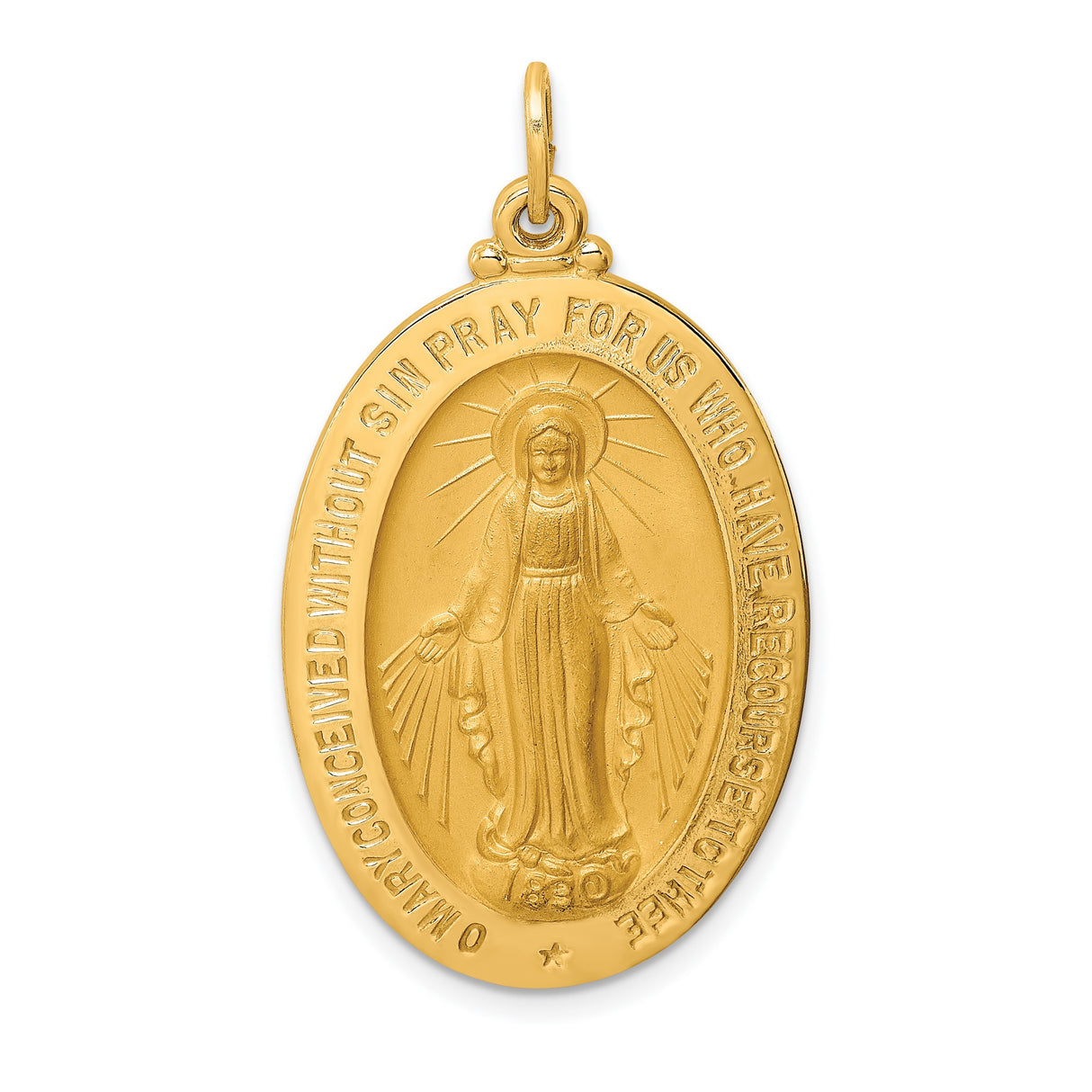 14k Yellow Gold Virgin Mary Miraculous Medal Pendant, Catholic Oval Medallion with Prayer