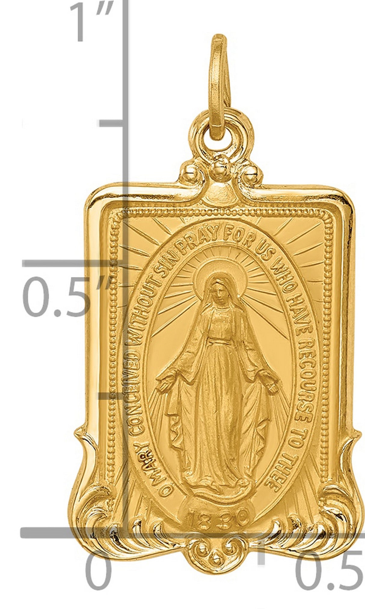 14k Yellow Gold Miraculous Medal Virgin Mary Pendant, Catholic Religious Charm for Women