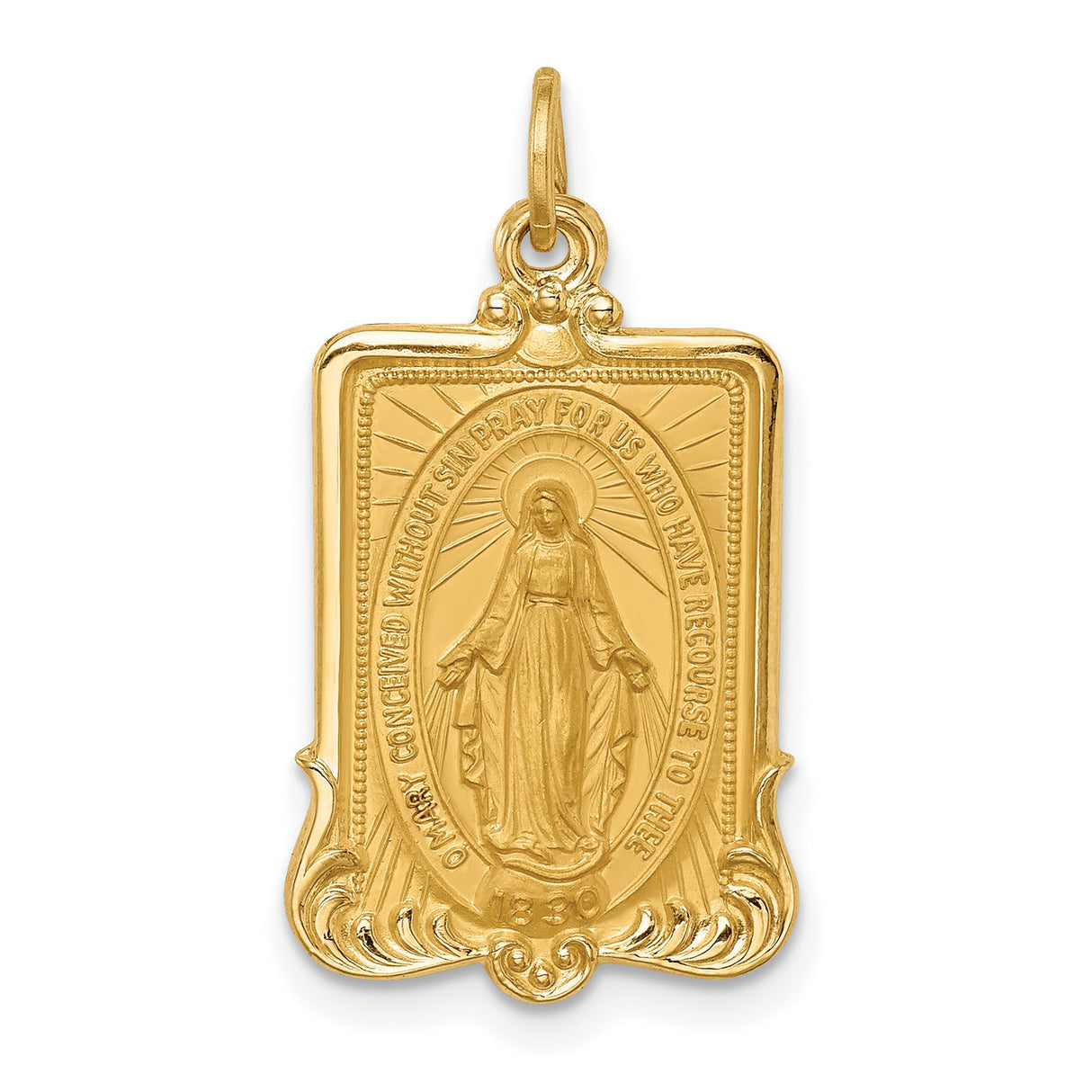 14k Yellow Gold Miraculous Medal Virgin Mary Pendant, Catholic Religious Charm for Women