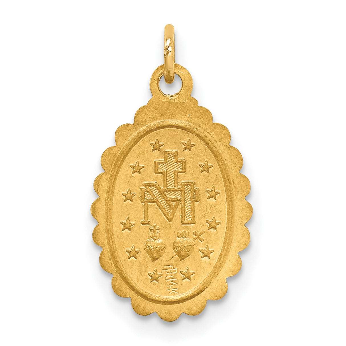14k Yellow Gold Virgin Mary Miraculous Medal Pendant, Scalloped Oval Religious Jewelry