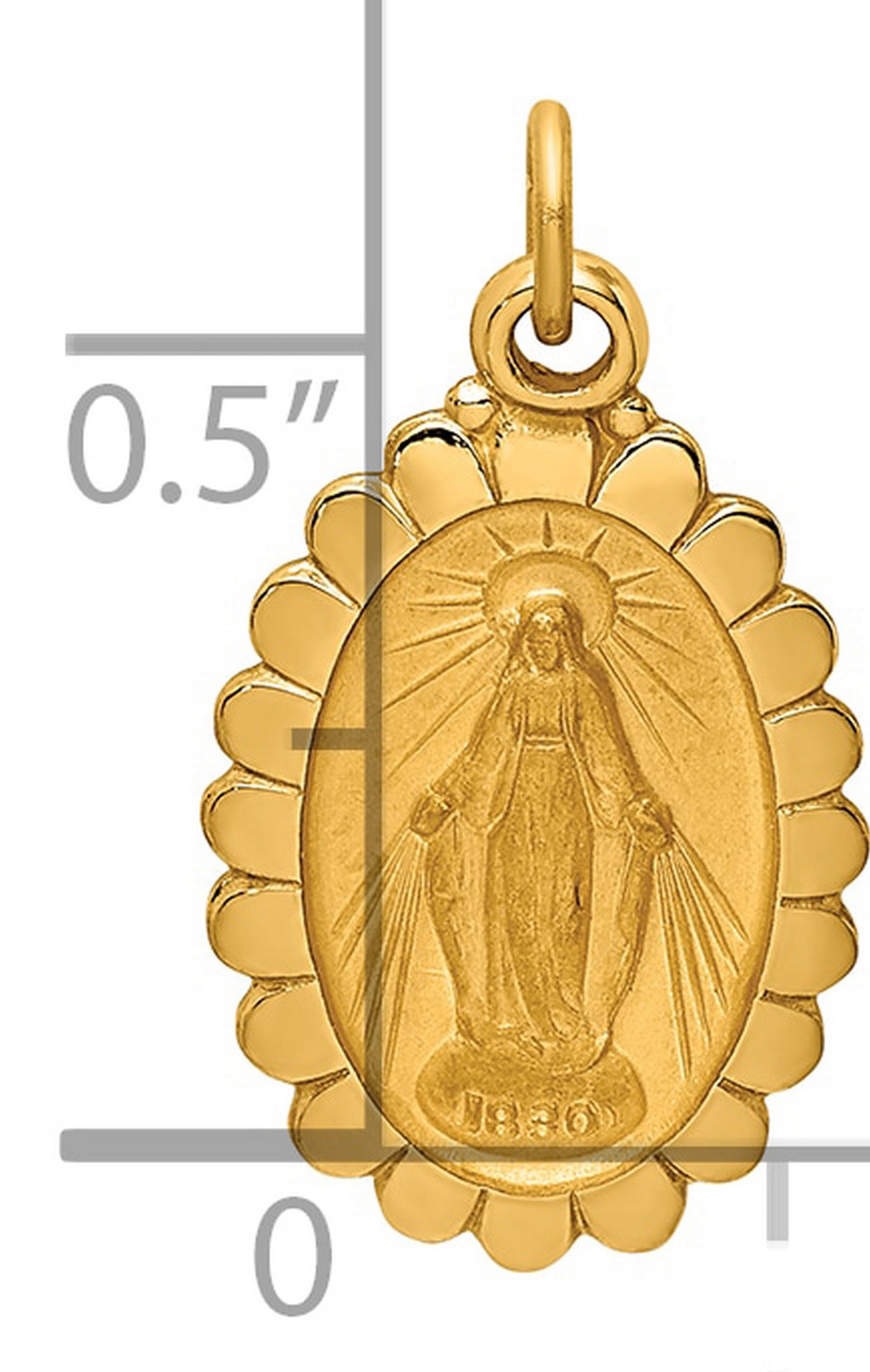 14k Yellow Gold Virgin Mary Miraculous Medal Pendant, Scalloped Oval Religious Jewelry