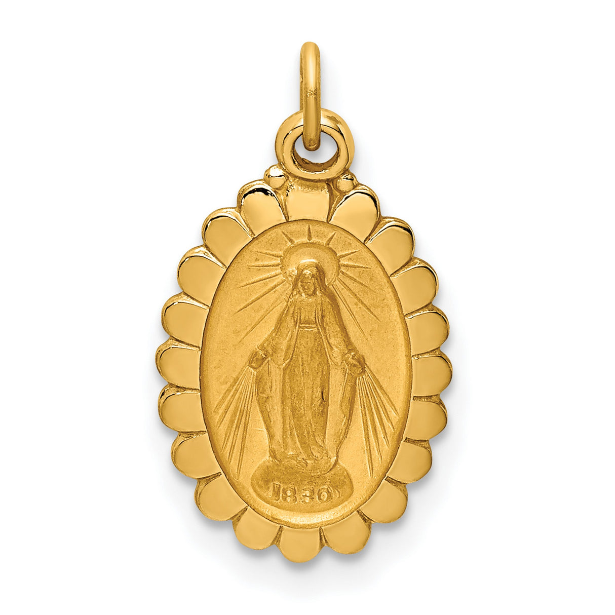 14k Yellow Gold Virgin Mary Miraculous Medal Pendant, Scalloped Oval Religious Jewelry