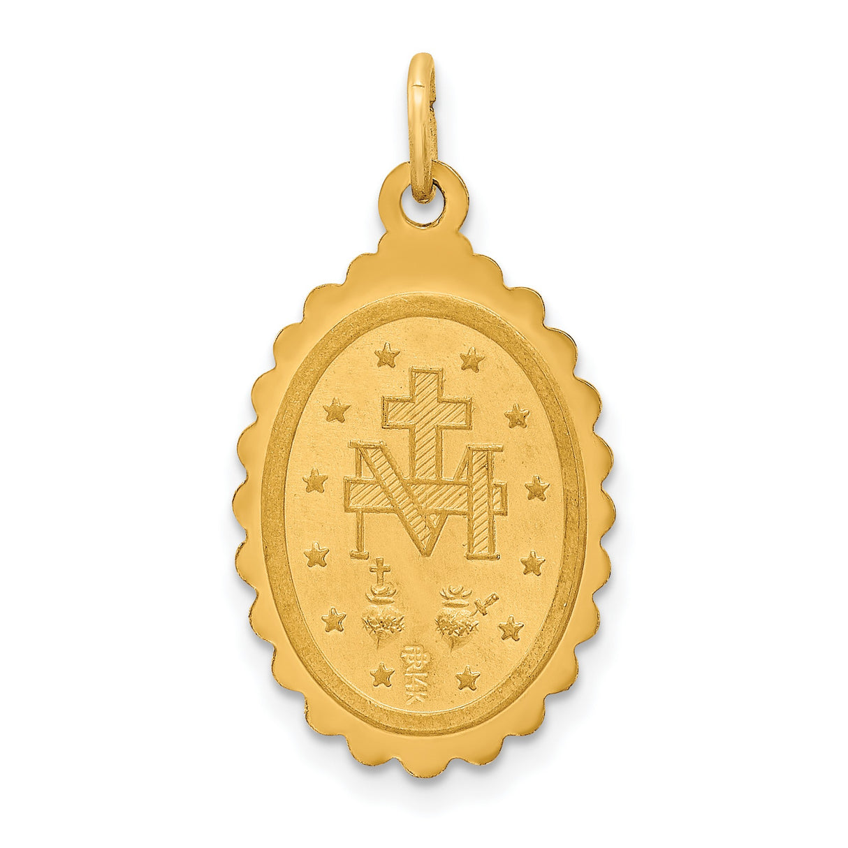 14k Yellow Gold Miraculous Medal Pendant, Virgin Mary with Rays and 1830 Date, Scalloped Oval Charm