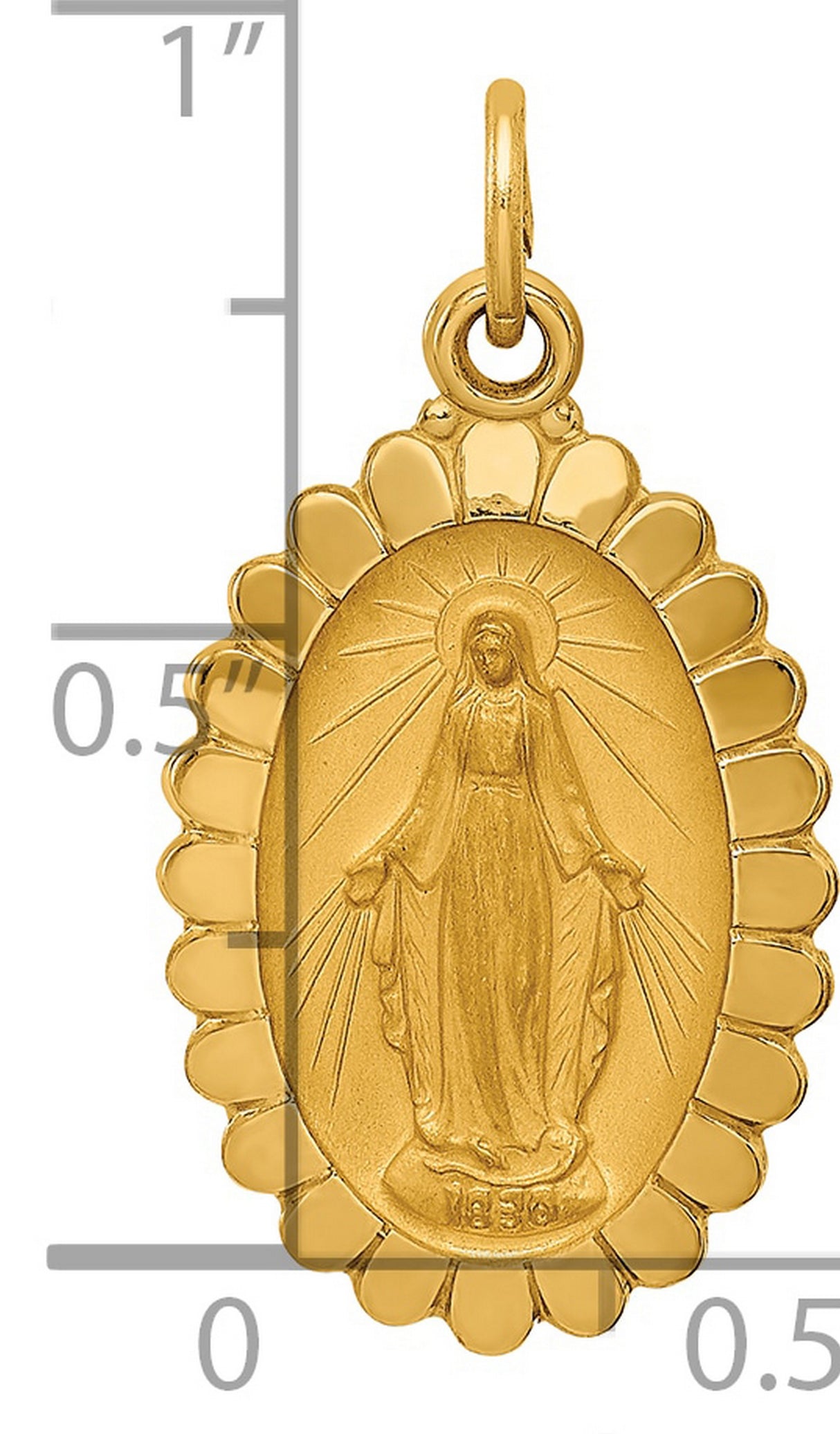 14k Yellow Gold Miraculous Medal Pendant, Virgin Mary with Rays and 1830 Date, Scalloped Oval Charm