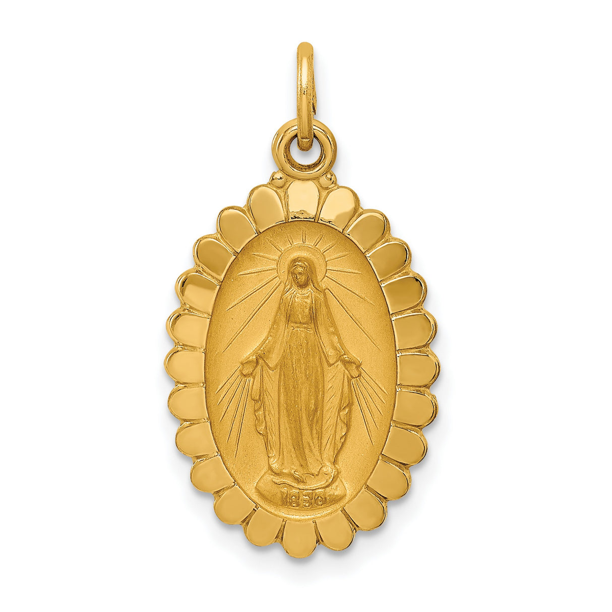 14k Yellow Gold Miraculous Medal Pendant, Virgin Mary with Rays and 1830 Date, Scalloped Oval Charm