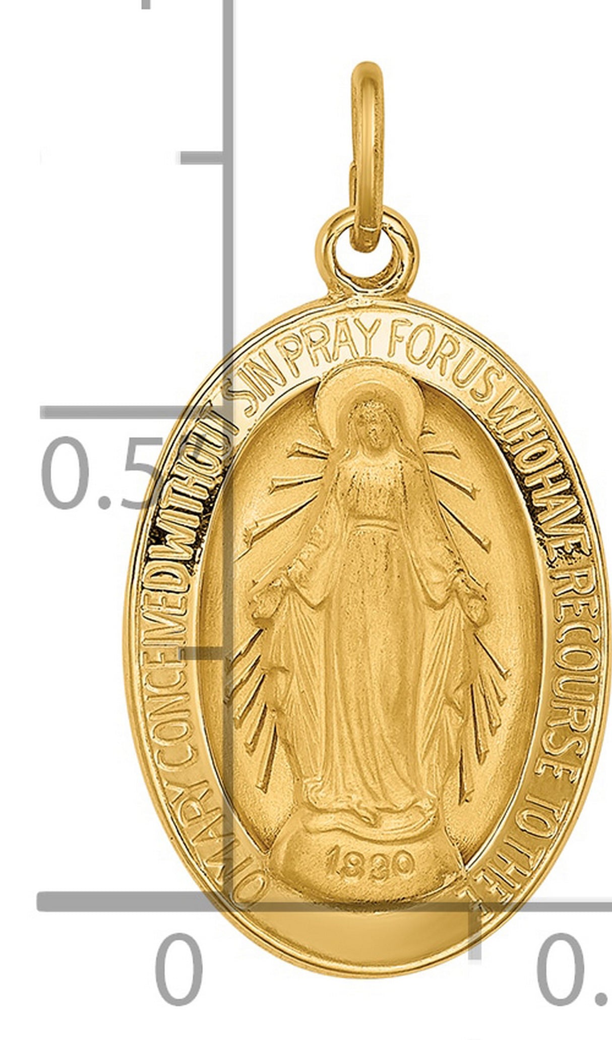 14k Yellow Gold Miraculous Medal Pendant with Virgin Mary Inscription, Catholic Charm