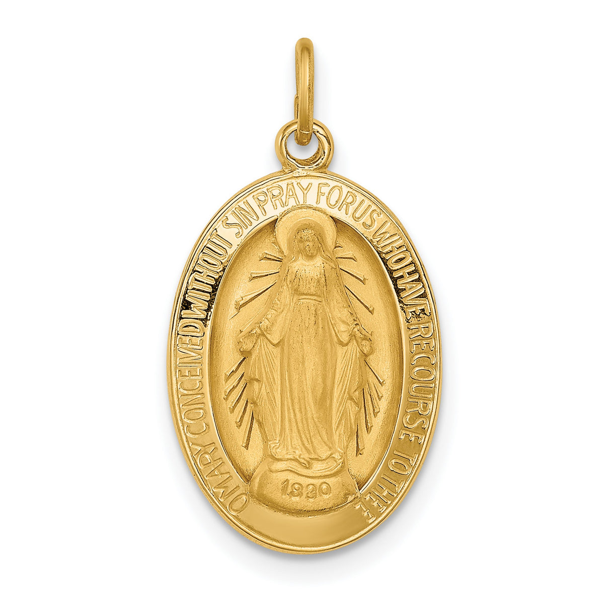 14k Yellow Gold Miraculous Medal Pendant with Virgin Mary Inscription, Catholic Charm