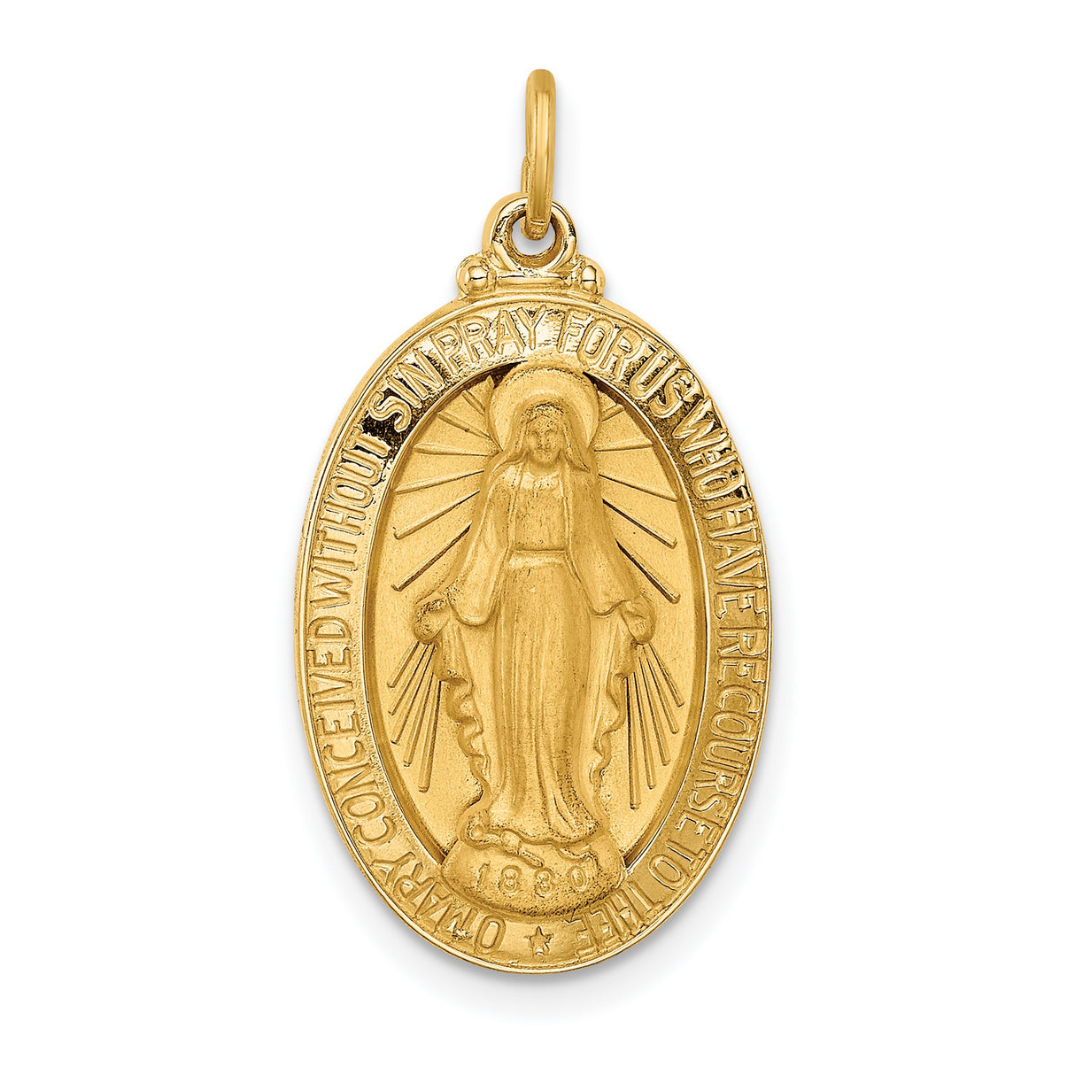 14k Yellow Gold Miraculous Medal Pendant with Virgin Mary and Pray for Us Inscription