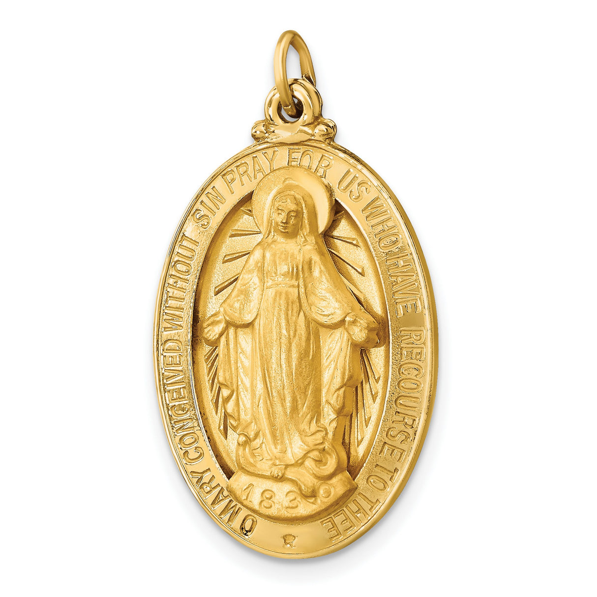 14k Yellow Gold Miraculous Medal Pendant with Virgin Mary and Inscription for Women