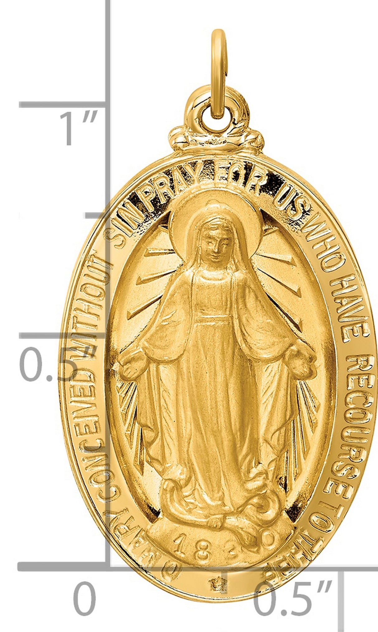 14k Yellow Gold Miraculous Medal Pendant with Virgin Mary and Inscription for Women