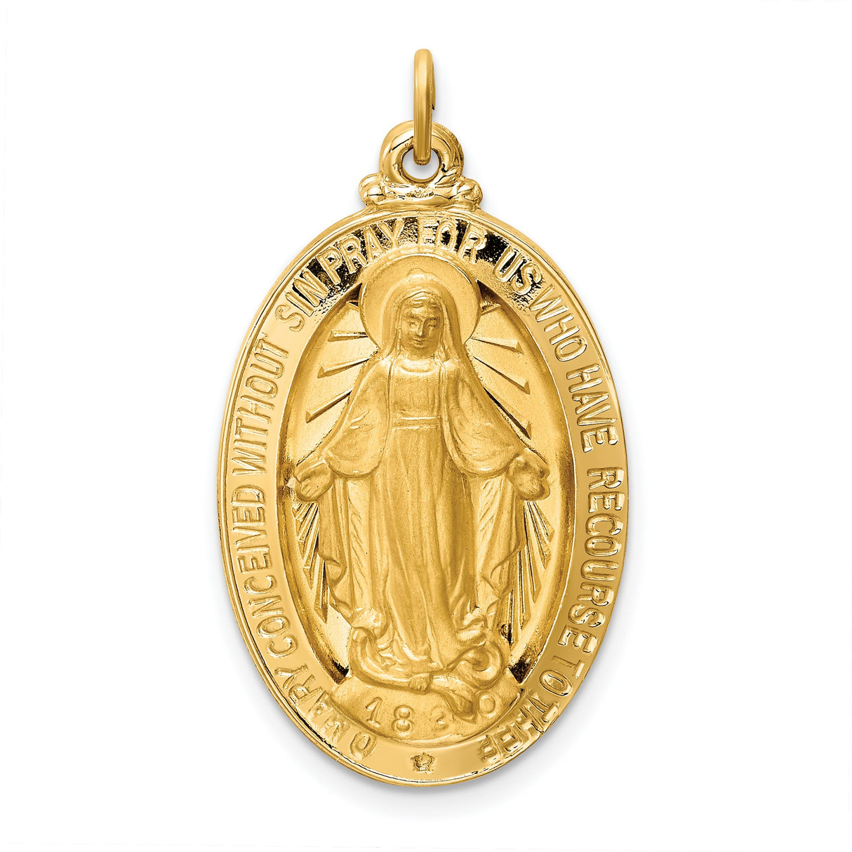 14k Yellow Gold Miraculous Medal Pendant with Virgin Mary and Inscription for Women
