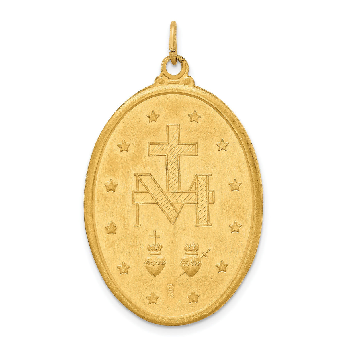 14k Yellow Gold Miraculous Medal Pendant with Virgin Mary Halo and Prayer Inscription