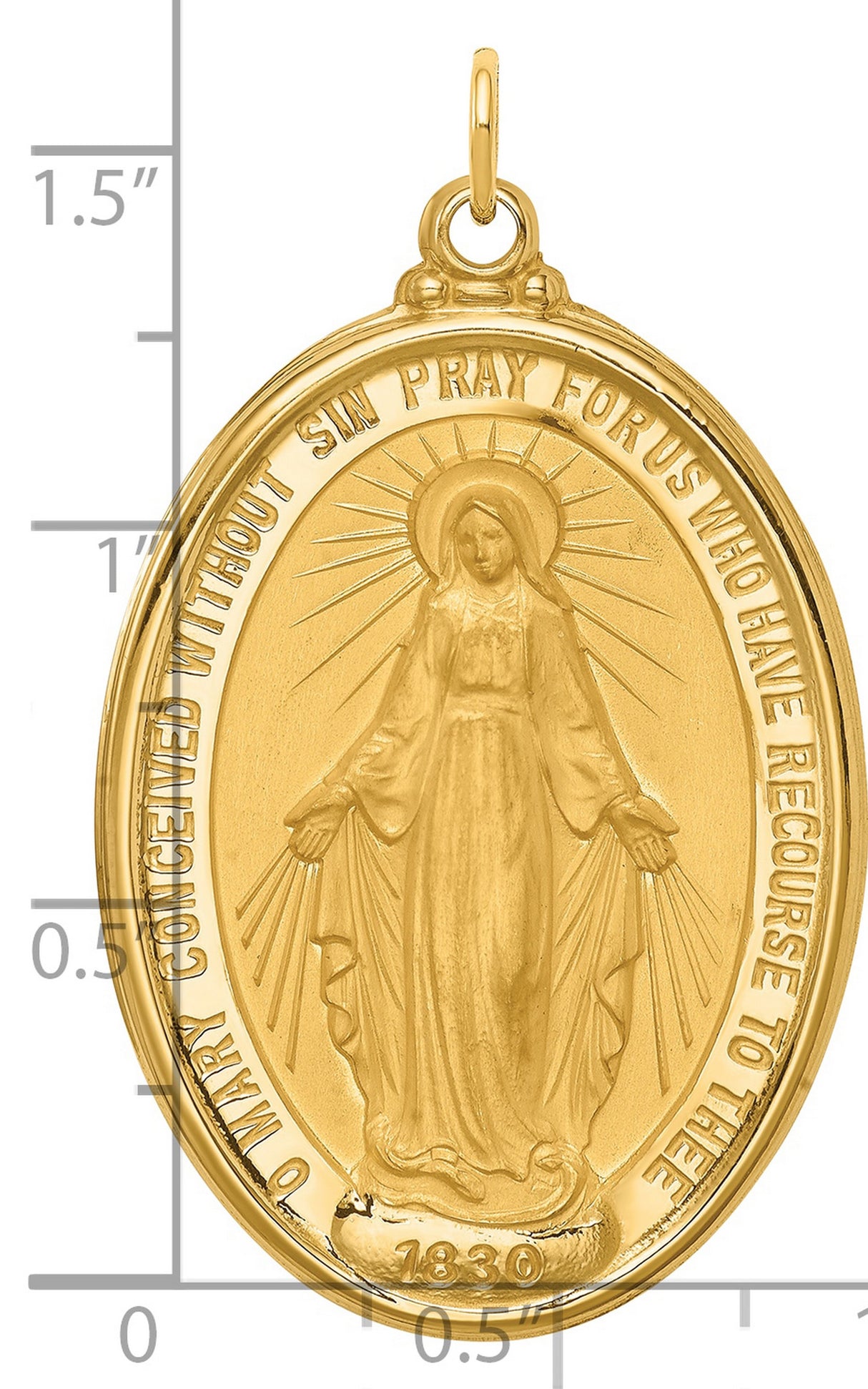 14k Yellow Gold Miraculous Medal Pendant with Virgin Mary Halo and Prayer Inscription