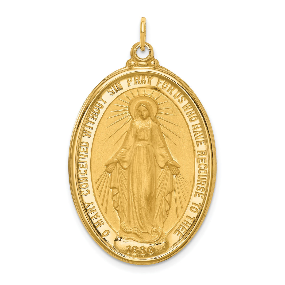 14k Yellow Gold Miraculous Medal Pendant with Virgin Mary Halo and Prayer Inscription