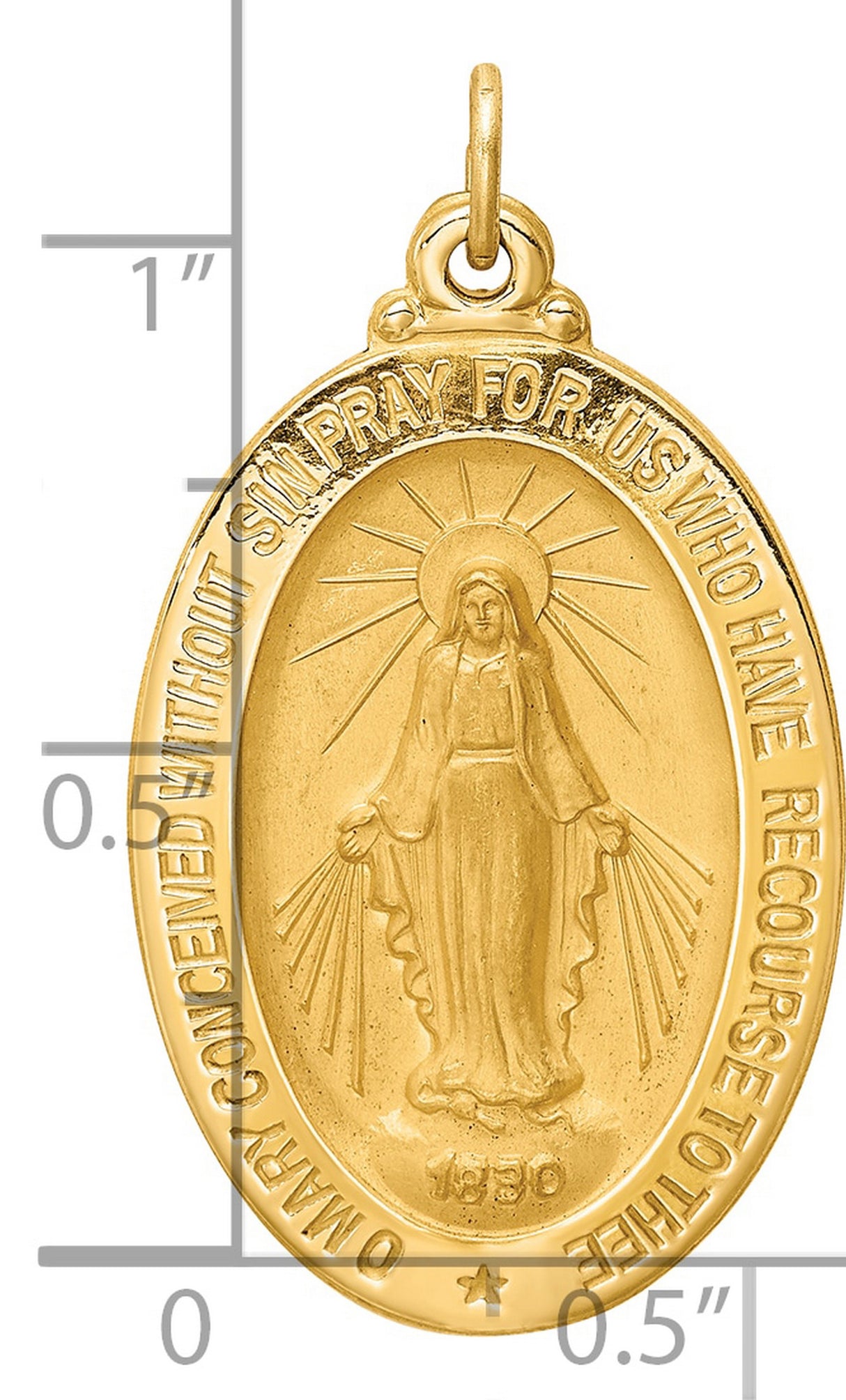 14k Yellow Gold Miraculous Virgin Mary Pendant Medal with Halo and Rays