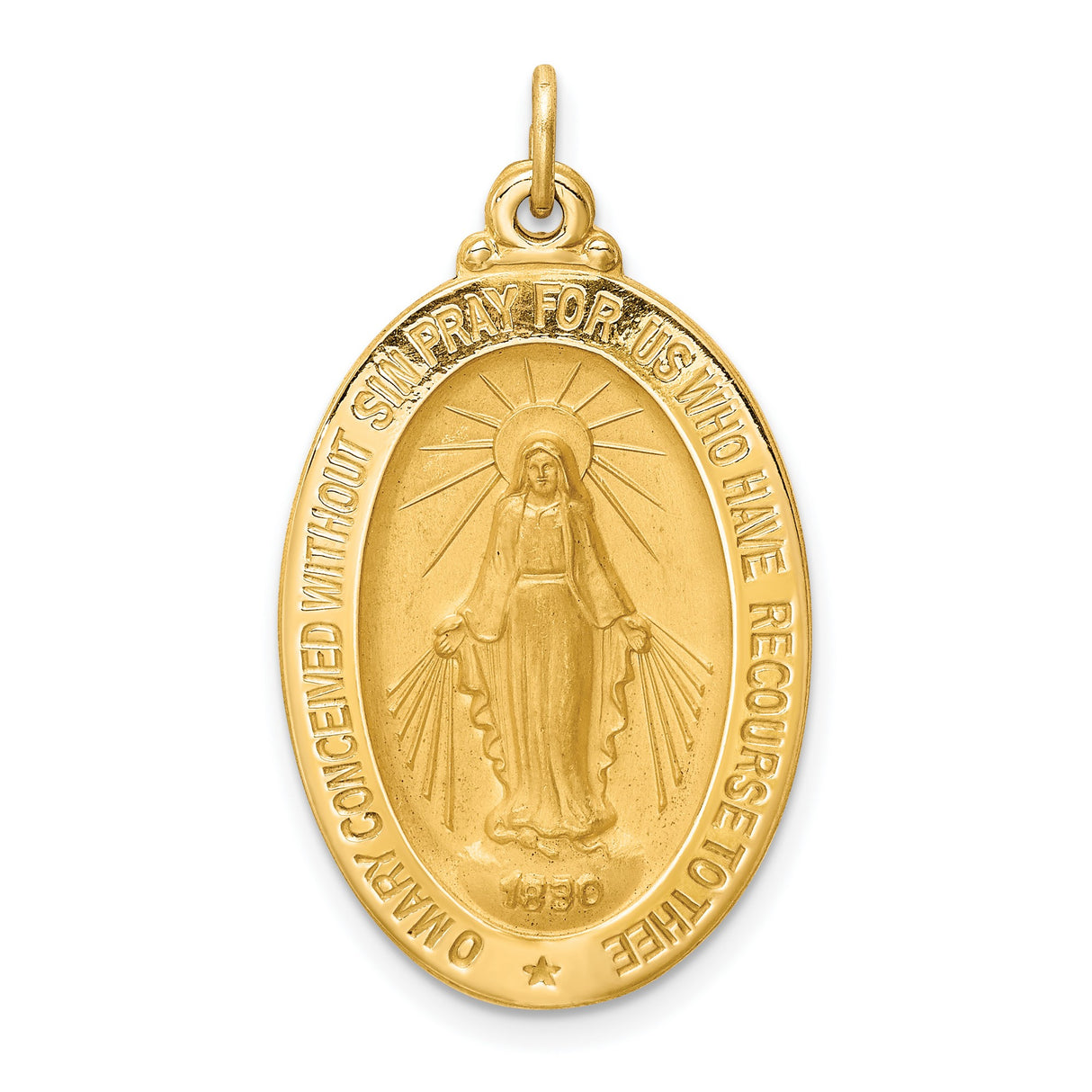 14k Yellow Gold Miraculous Virgin Mary Pendant Medal with Halo and Rays