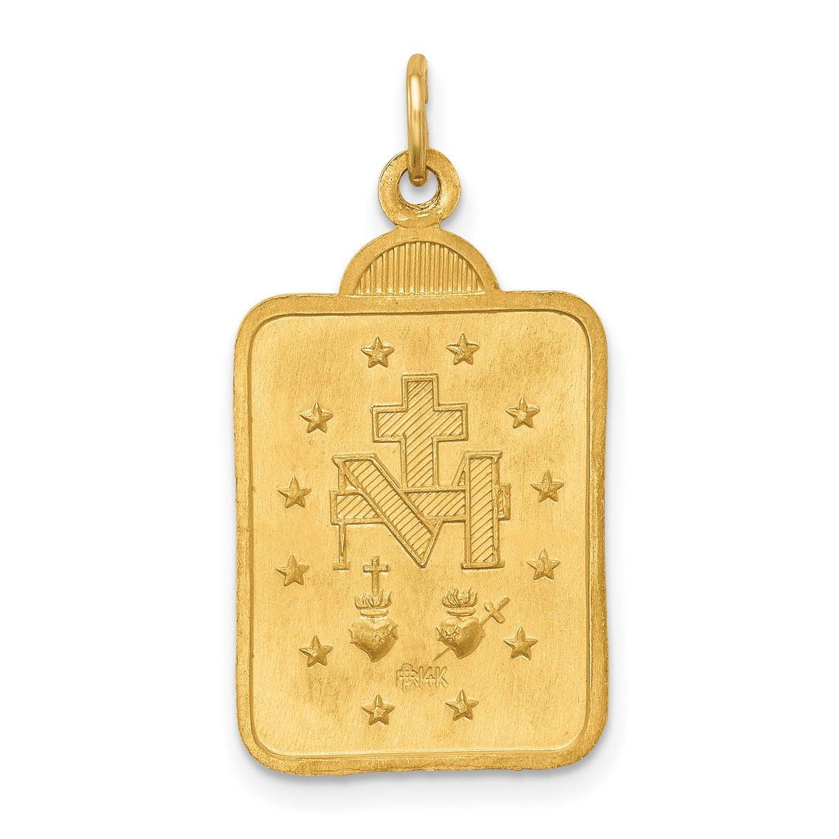 14k Yellow Gold Rectangular Miraculous Medal Pendant Featuring Virgin Mary Engraving