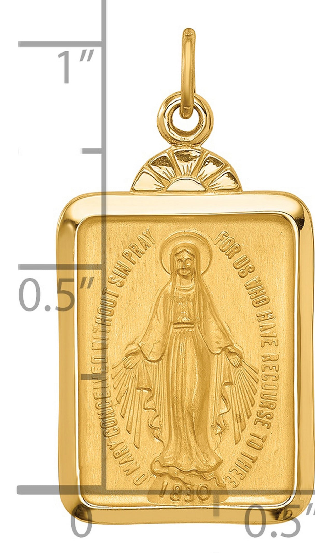 14k Yellow Gold Rectangular Miraculous Medal Pendant Featuring Virgin Mary Engraving