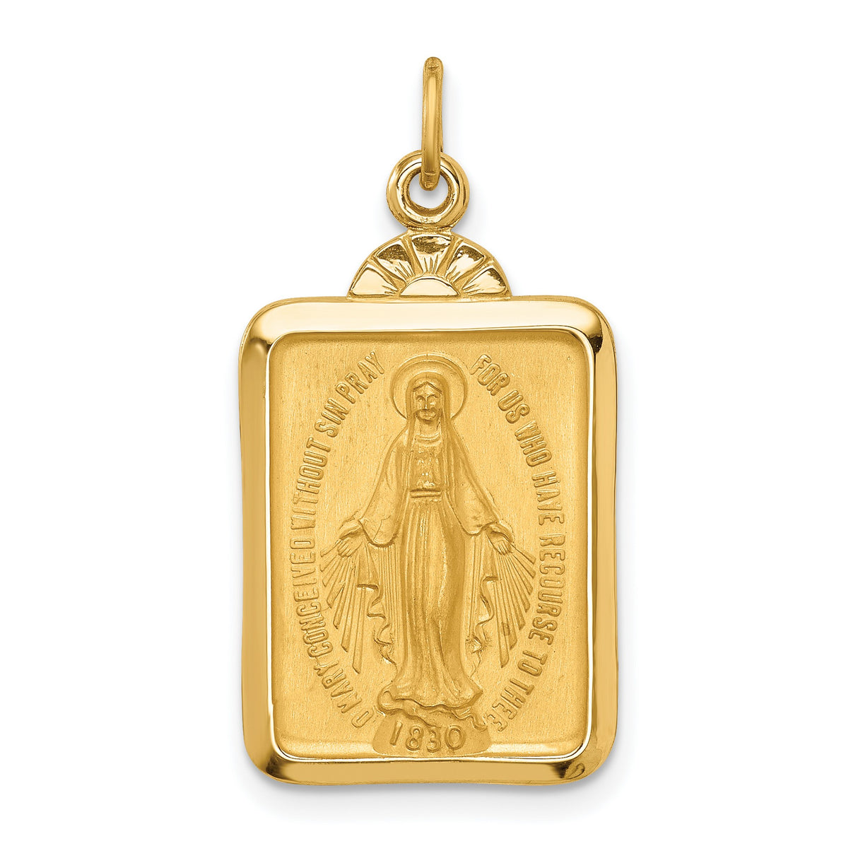 14k Yellow Gold Rectangular Miraculous Medal Pendant Featuring Virgin Mary Engraving