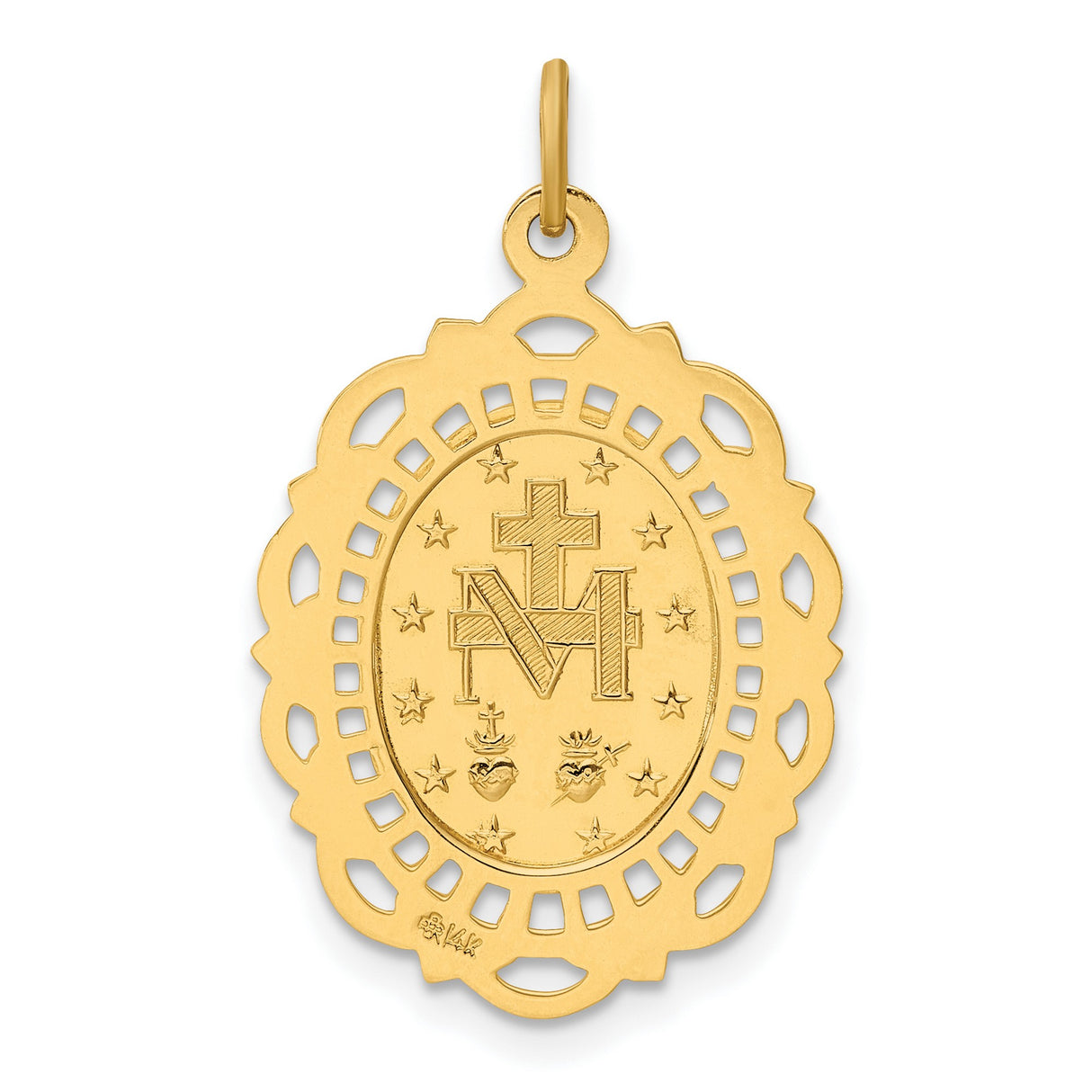 14k Yellow Gold Miraculous Medal Pendant with Virgin Mary Engraving, Oval Filigree Religious Charm