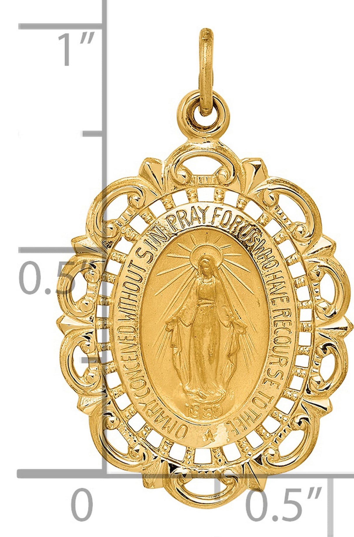 14k Yellow Gold Miraculous Medal Pendant with Virgin Mary Engraving, Oval Filigree Religious Charm
