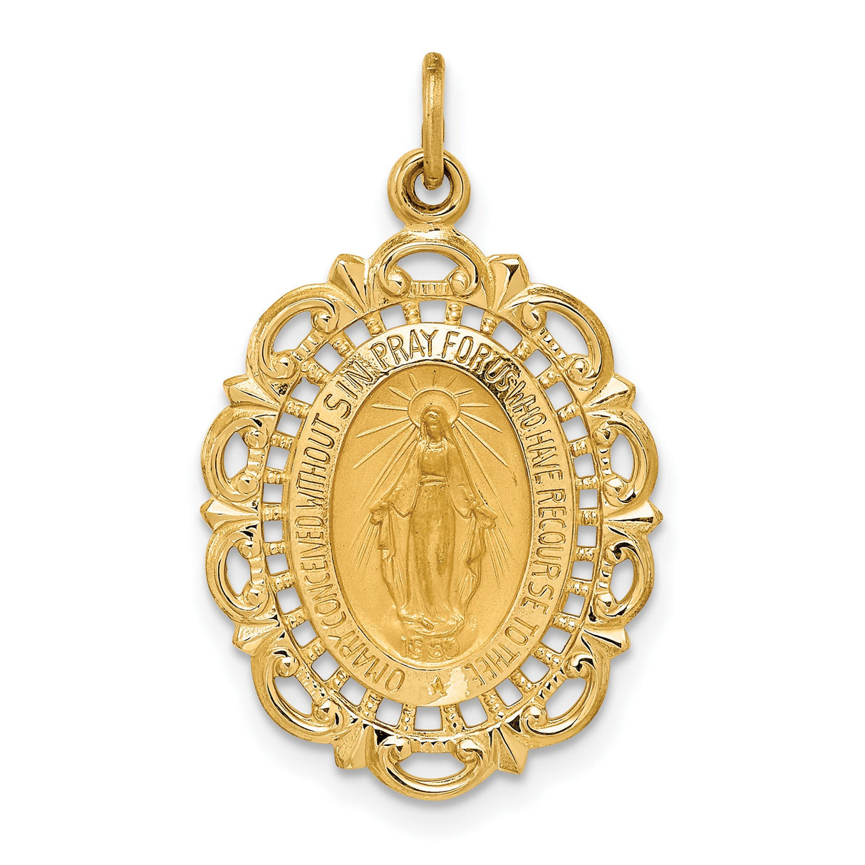 14k Yellow Gold Miraculous Medal Pendant with Virgin Mary Engraving, Oval Filigree Religious Charm