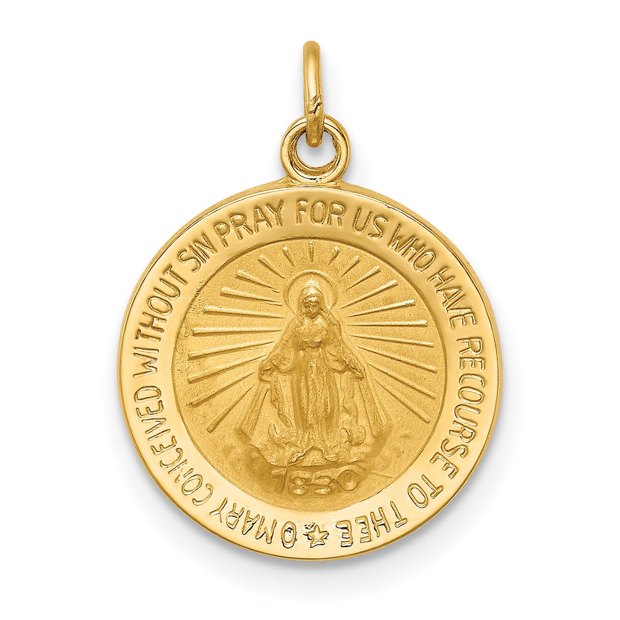 14k Yellow Gold Miraculous Medal Pendant with Virgin Mary and Radiant Lines Prayer Theme