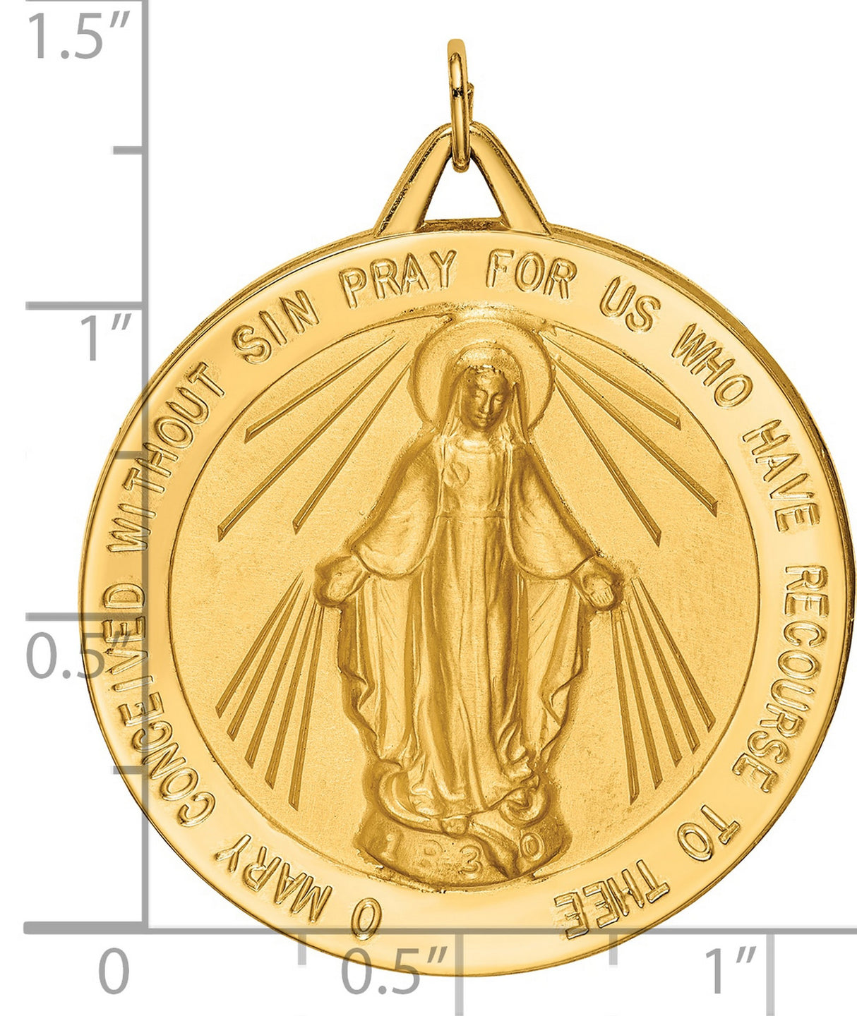 14k Yellow Gold Miraculous Medal Pendant Featuring Virgin Mary and Inscription