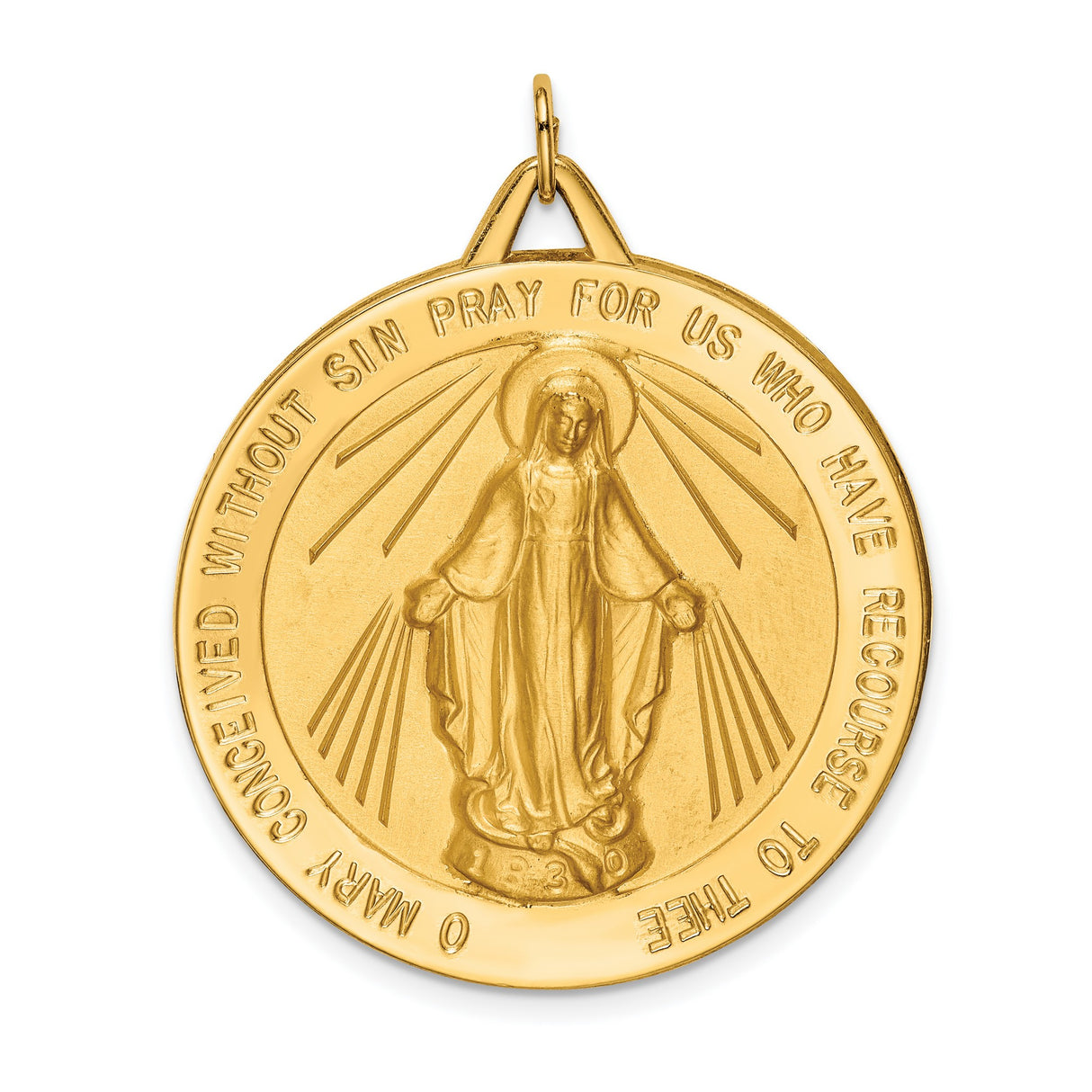 14k Yellow Gold Miraculous Medal Pendant Featuring Virgin Mary and Inscription