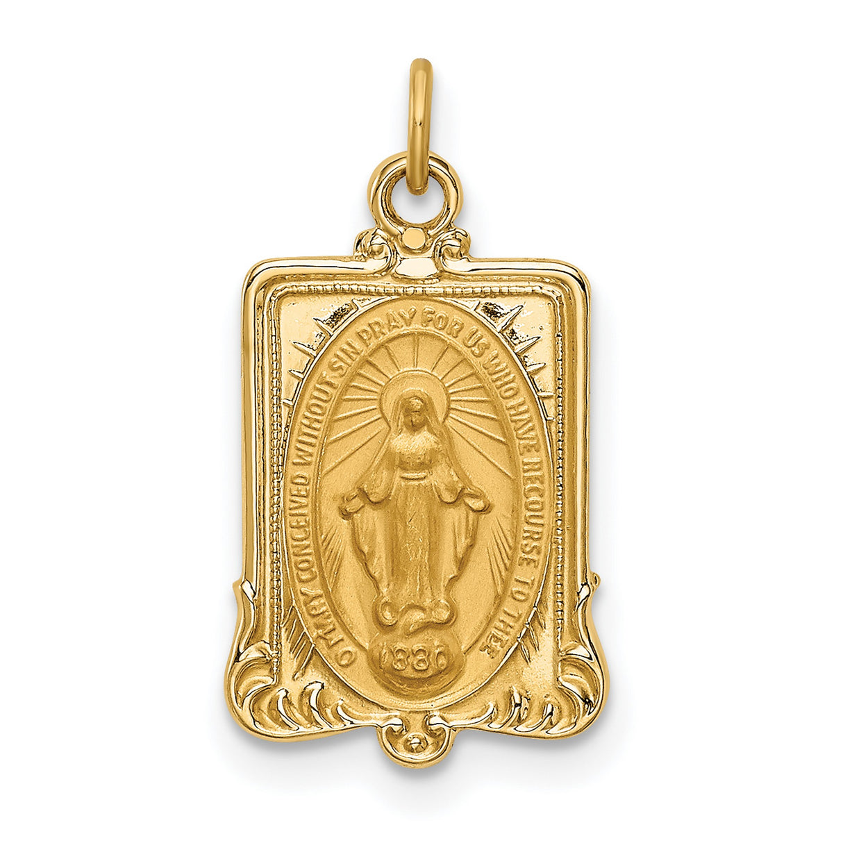 14k Yellow Gold Miraculous Medal Pendant with Virgin Mary Inscription
