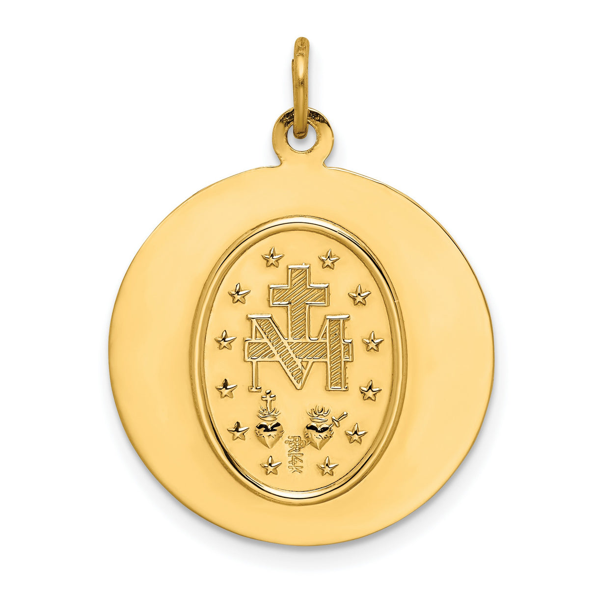 14k Yellow Gold Miraculous Medal Pendant with Virgin Mary and Radiant Beams, Catholic Devotional Jewelry