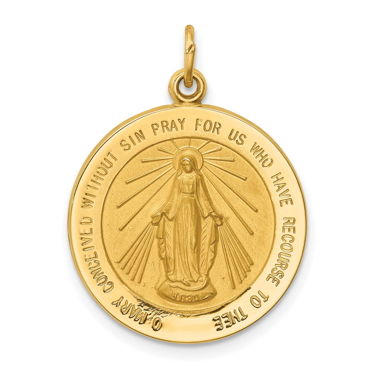 14k Yellow Gold Miraculous Medal Pendant with Virgin Mary and Radiant Beams, Catholic Devotional Jewelry