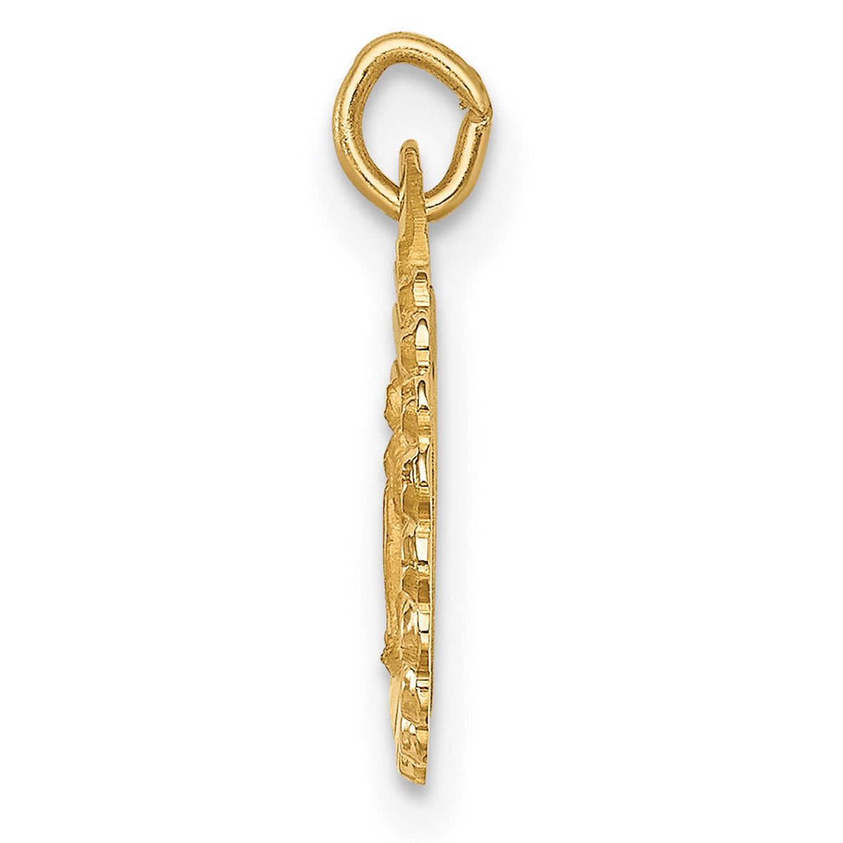 14k Yellow Gold Virgin Mary Pendant with Scalloped Edge and Radiant Detailing