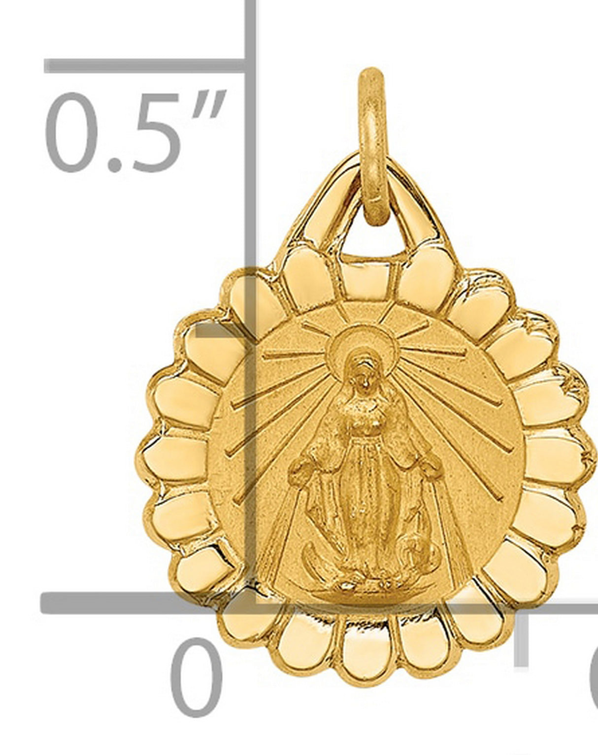 14k Yellow Gold Virgin Mary Pendant with Scalloped Edge and Radiant Detailing