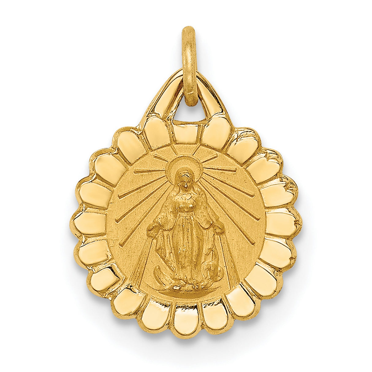 14k Yellow Gold Virgin Mary Pendant with Scalloped Edge and Radiant Detailing