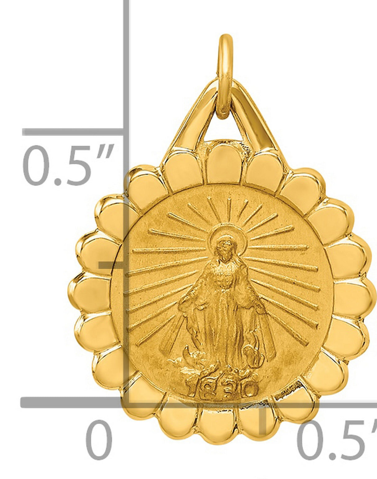 14k Yellow Gold Virgin Mary Pendant with Radiant Beams and Floral Scalloped Edge
