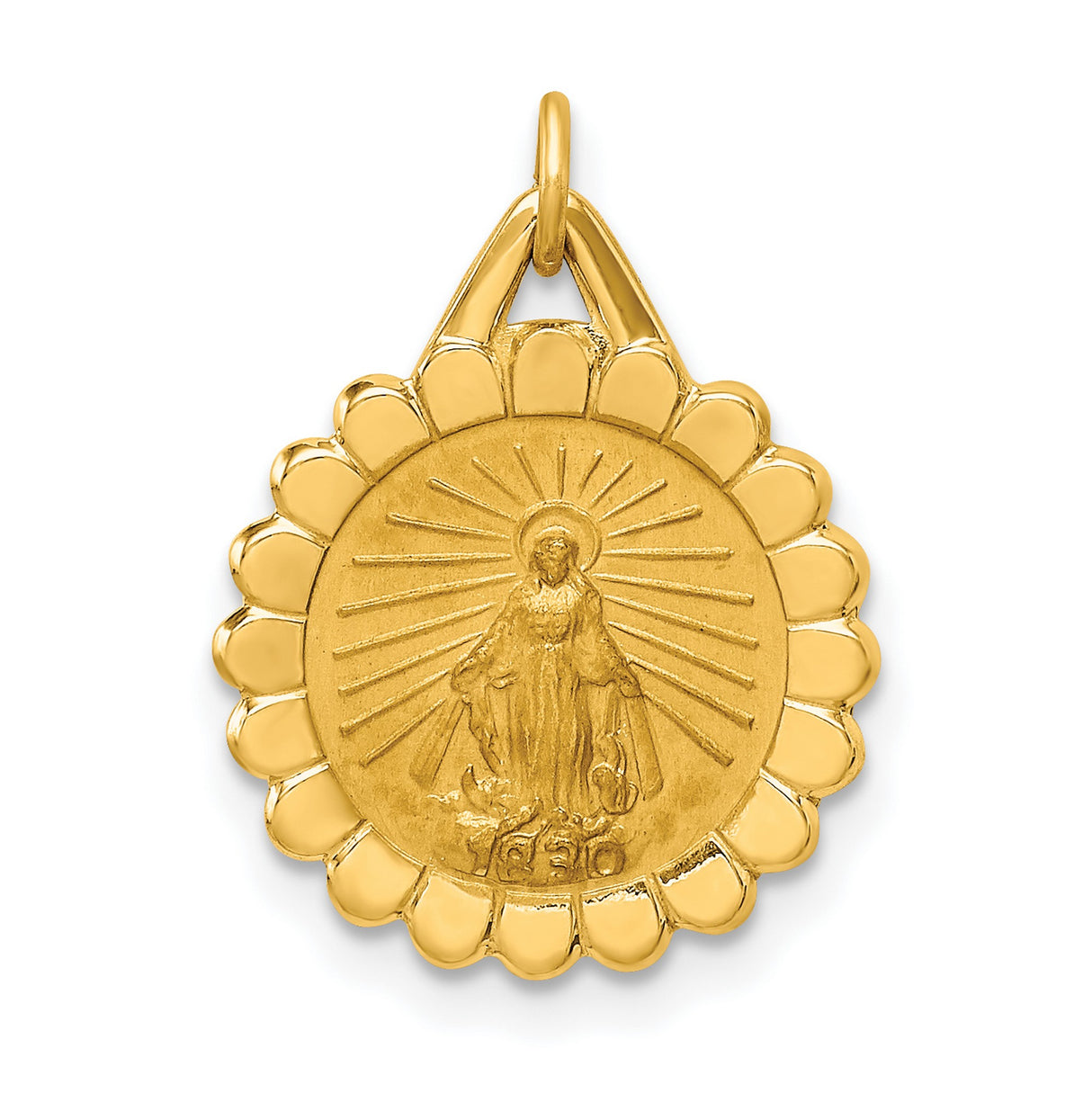 14k Yellow Gold Virgin Mary Pendant with Radiant Beams and Floral Scalloped Edge