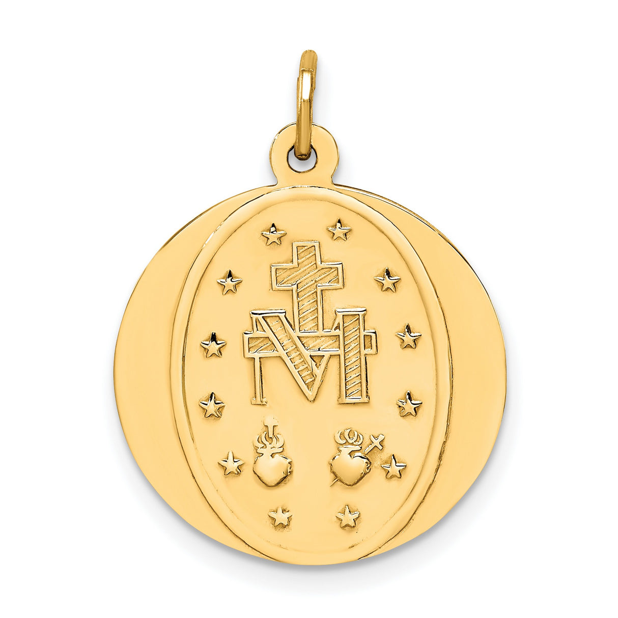 14k Yellow Gold Miraculous Medal Pendant with Virgin Mary and Rays of Light Inscription