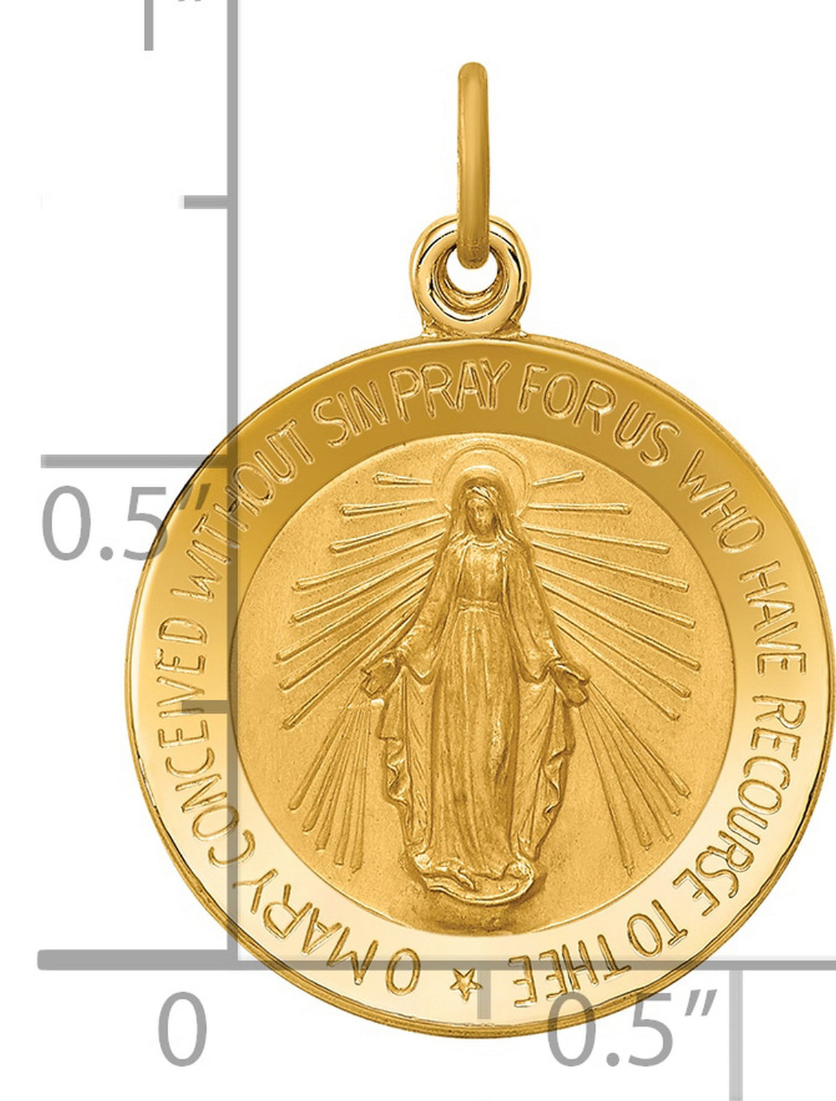 14k Yellow Gold Miraculous Medal Pendant with Virgin Mary and Rays of Light Inscription