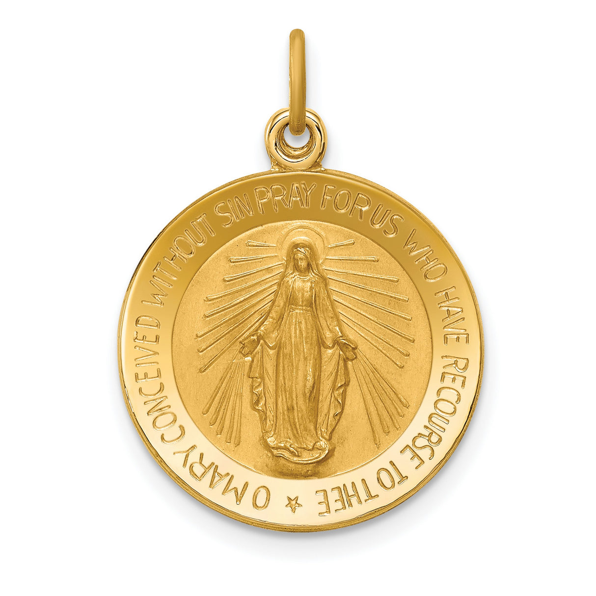 14k Yellow Gold Miraculous Medal Pendant with Virgin Mary and Rays of Light Inscription