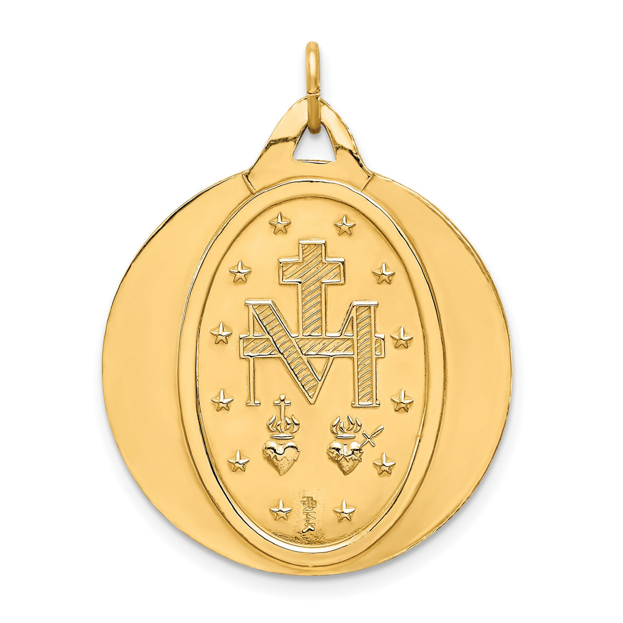 14k Yellow Gold Miraculous Medal Pendant Featuring Virgin Mary and Light Rays