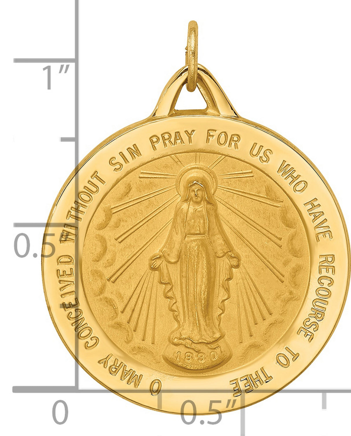 14k Yellow Gold Miraculous Medal Pendant Featuring Virgin Mary and Light Rays