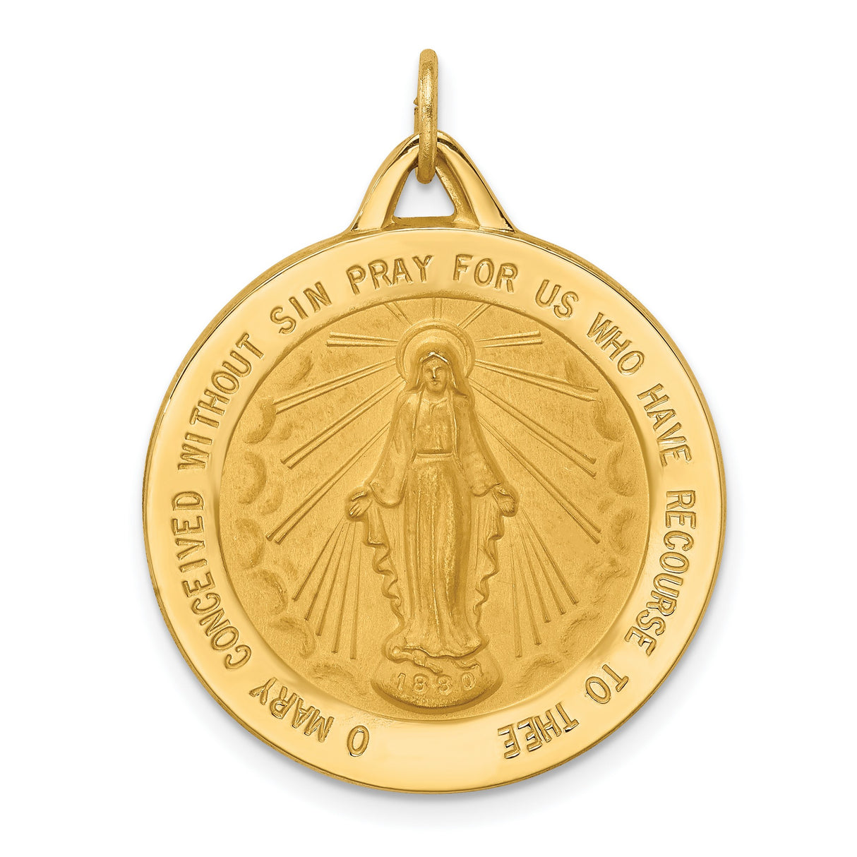 14k Yellow Gold Miraculous Medal Pendant Featuring Virgin Mary and Light Rays