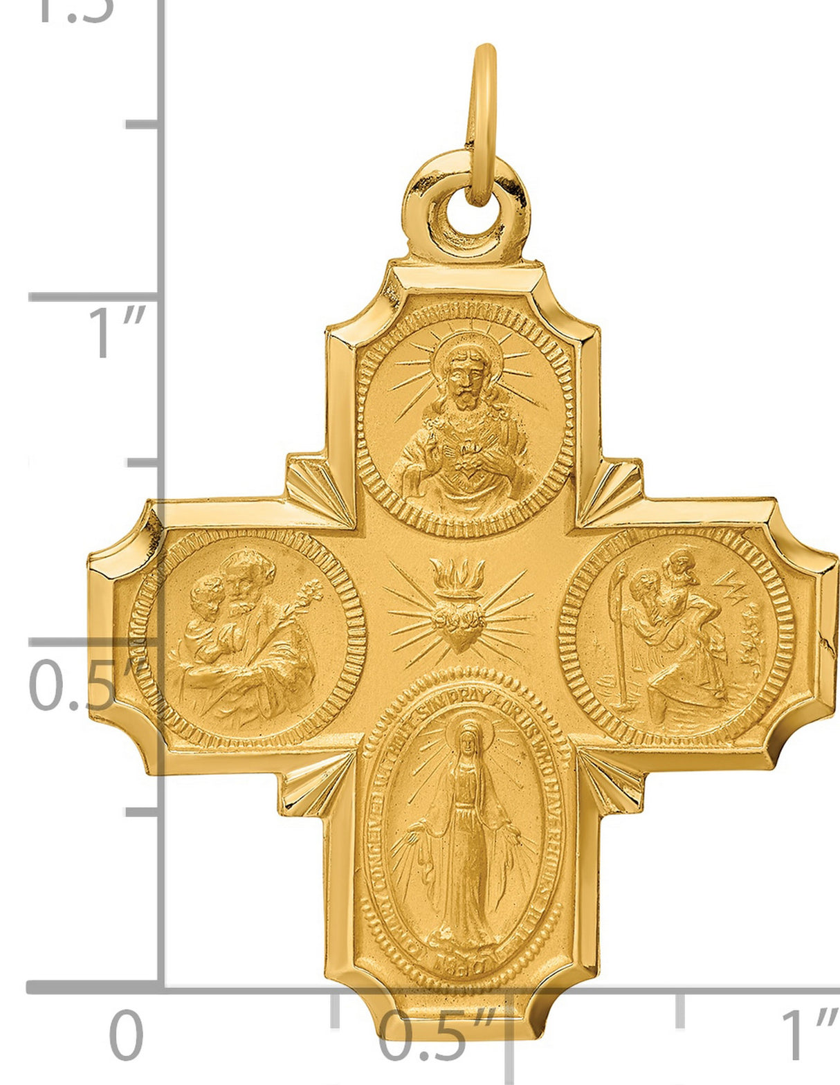 14k Yellow Gold Four Way Cross Pendant with Sacred Heart and Miraculous Medal