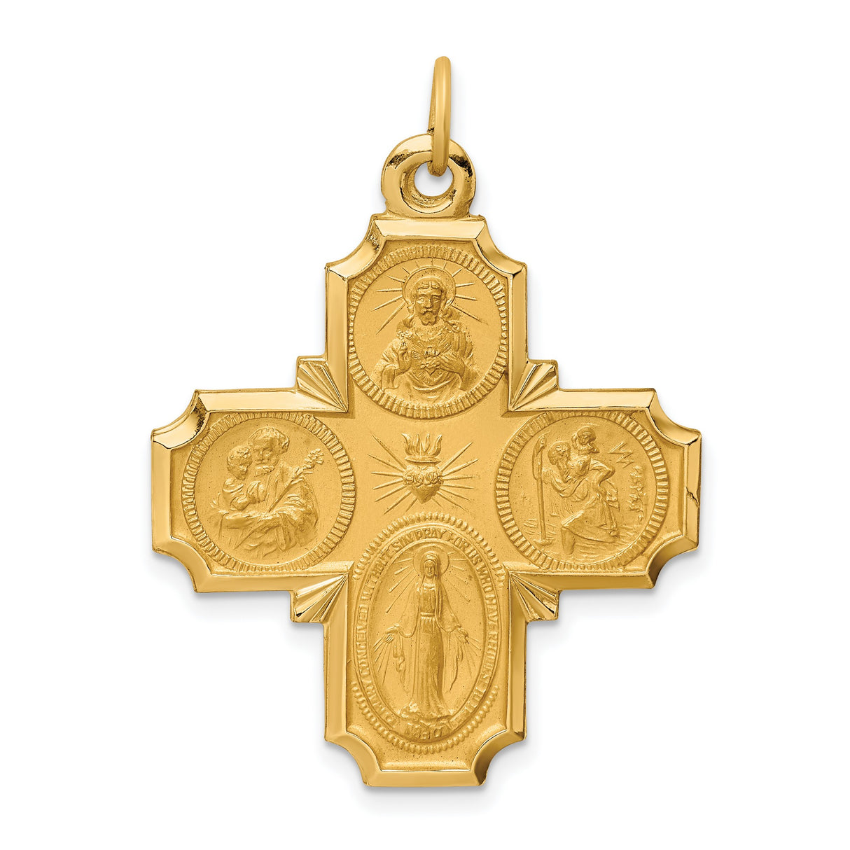 14k Yellow Gold Four Way Cross Pendant with Sacred Heart and Miraculous Medal
